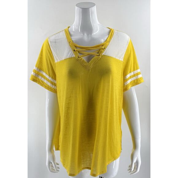 Maurices Baseball T Shirt Top Plus Sz 1X Bright Yellow White Womens Burnout Tee - Picture 1 of 7